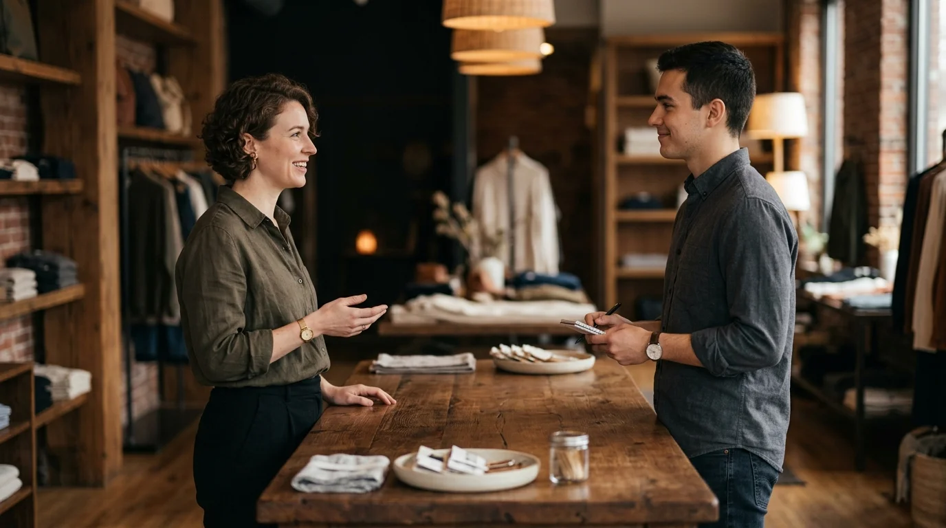 Retail manager and team member conversing near a wooden counter