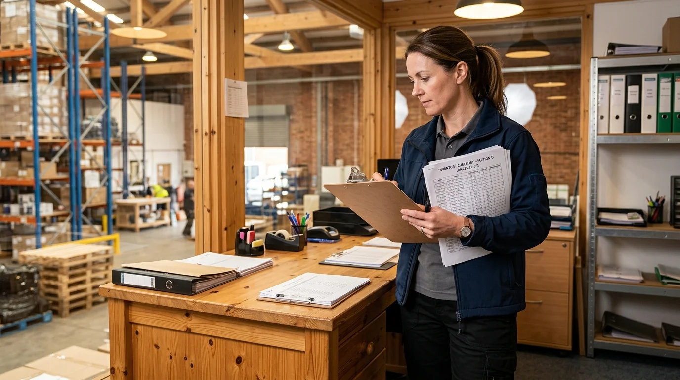 Shift supervisor holding a clipboard in a warehouse office space