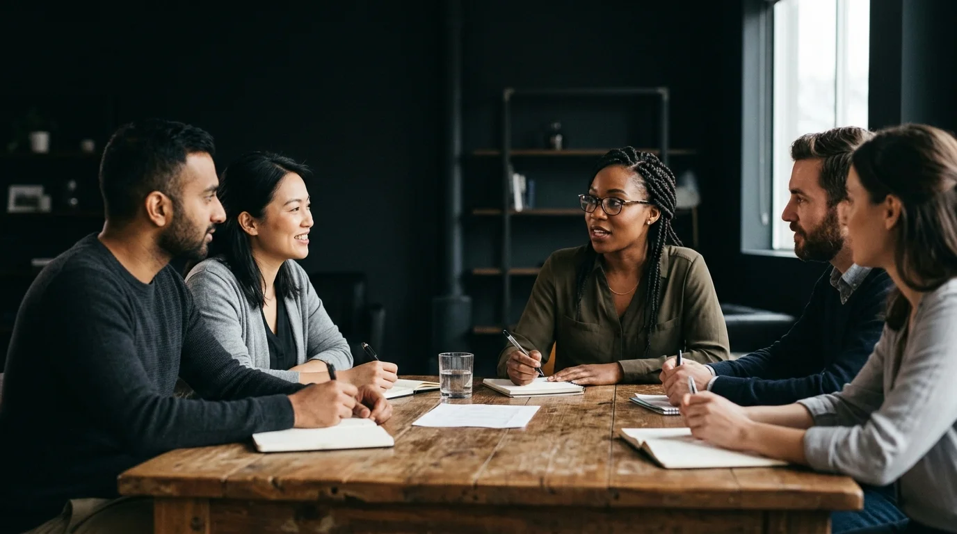 Tech team meeting around a wooden conference table