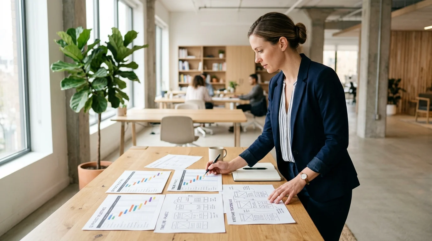 Project manager reviewing printed timelines in an open plan office