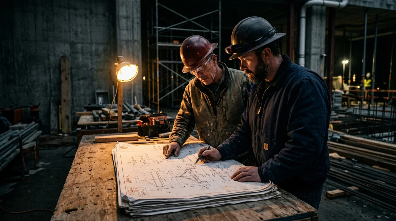 Construction project manager reviewing structural drawings with a foreman