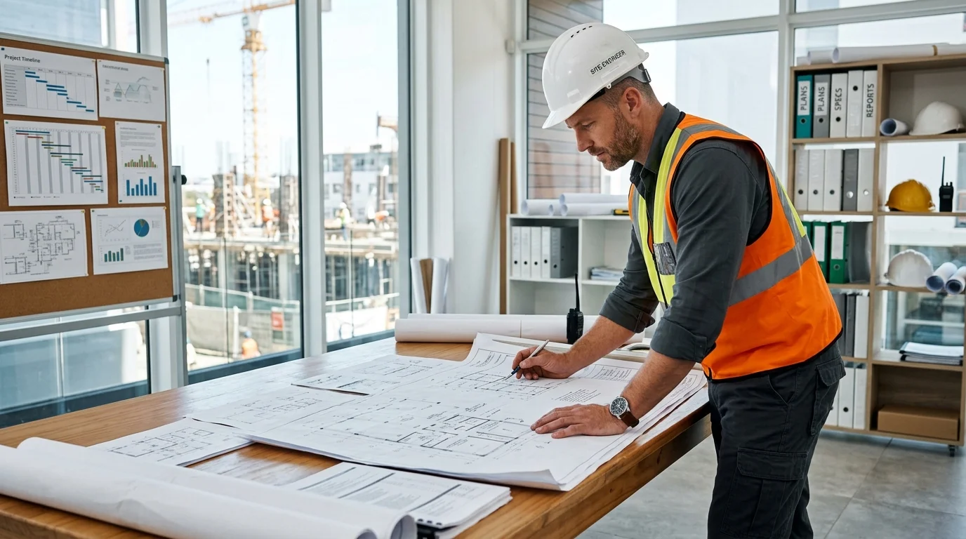 Field engineer in a hard hat examining site blueprints at a desk