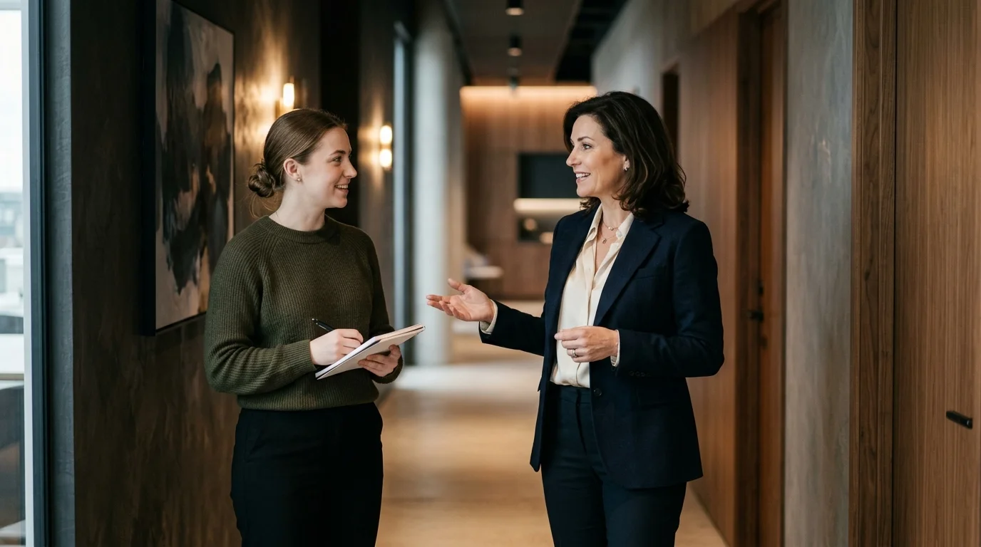 Local business manager discussing operations in an office hallway