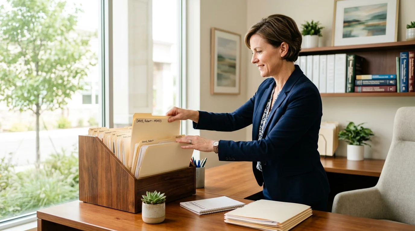 Medical practice administrator organizing record files at a desk