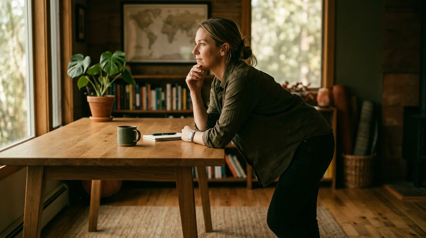 Remote team lead leaning against a modern desk in warm office light