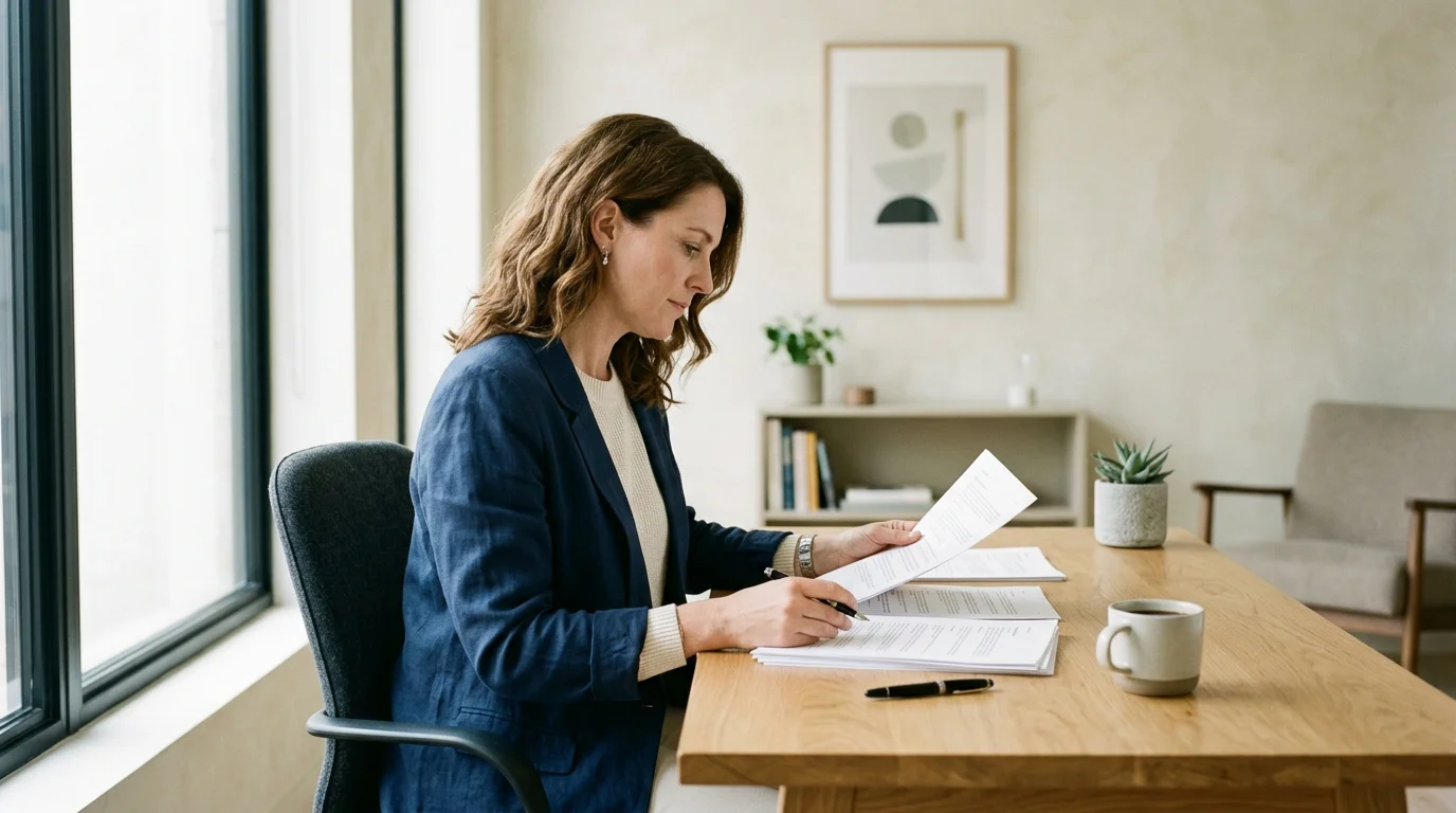 Focused team manager reviewing printed documents on a wooden desk