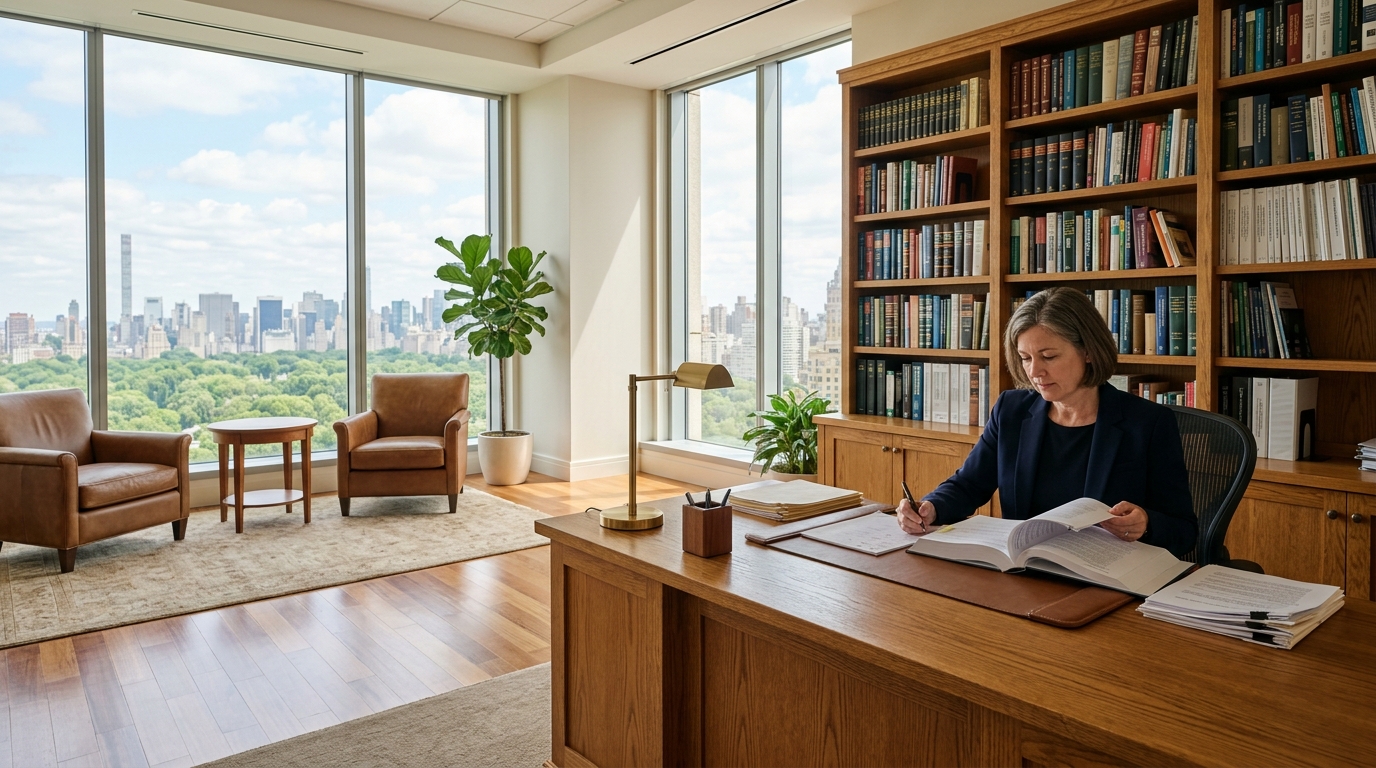Office administrator reviewing a folder of records at a desk in a bright, book-lined office