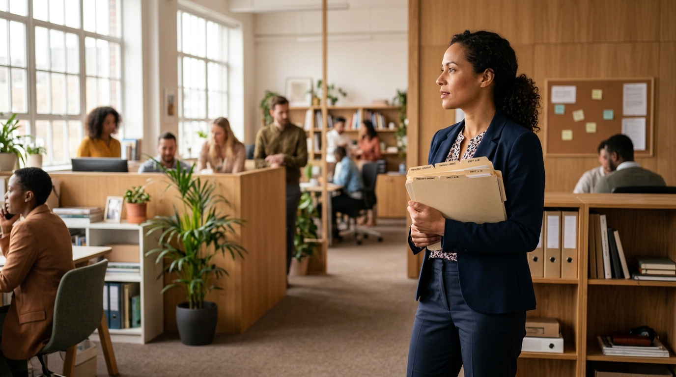 Manager holding a file folder while colleagues work at desks behind them