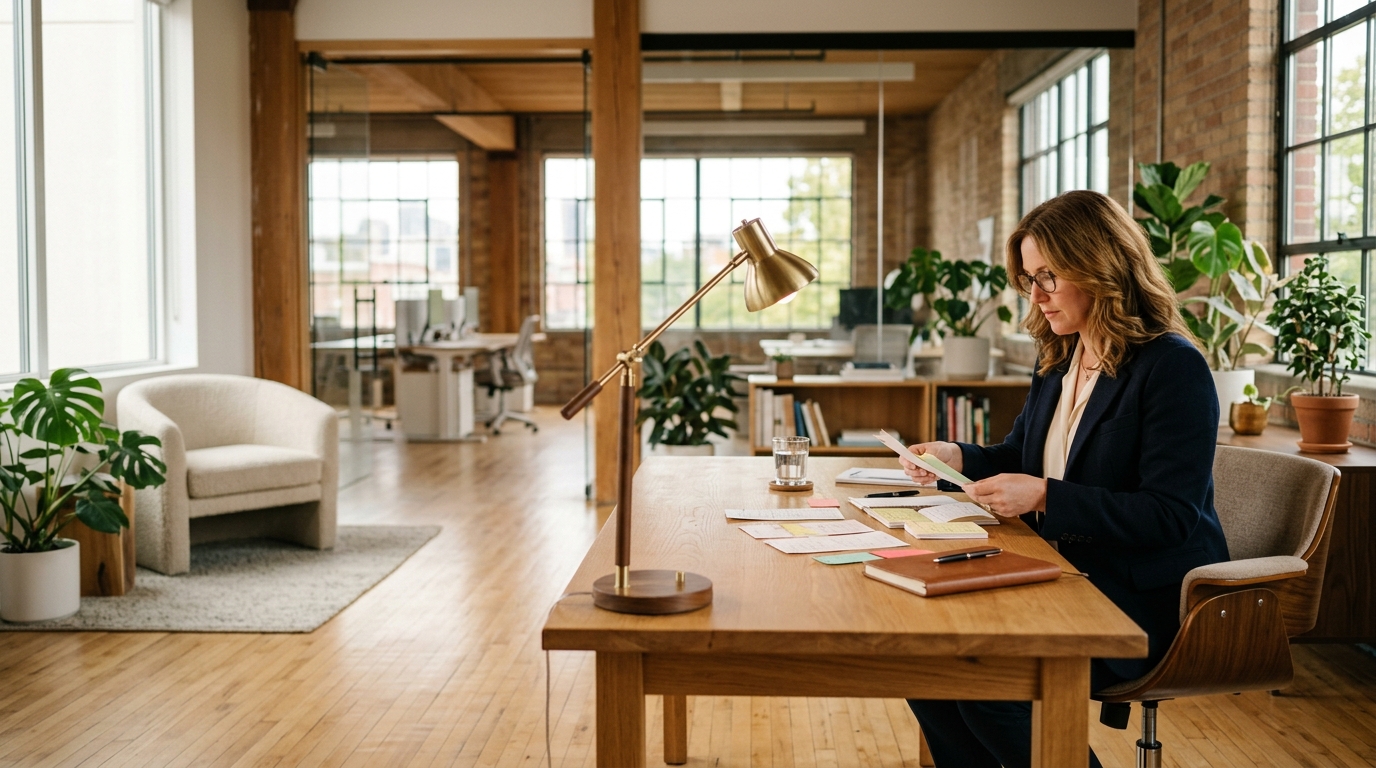 Manager reading a printed notice at a lamp-lit desk in a loft office