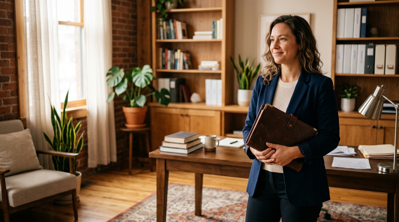 Bookkeeper holding a ledger folder beside a bookshelf in a warm office