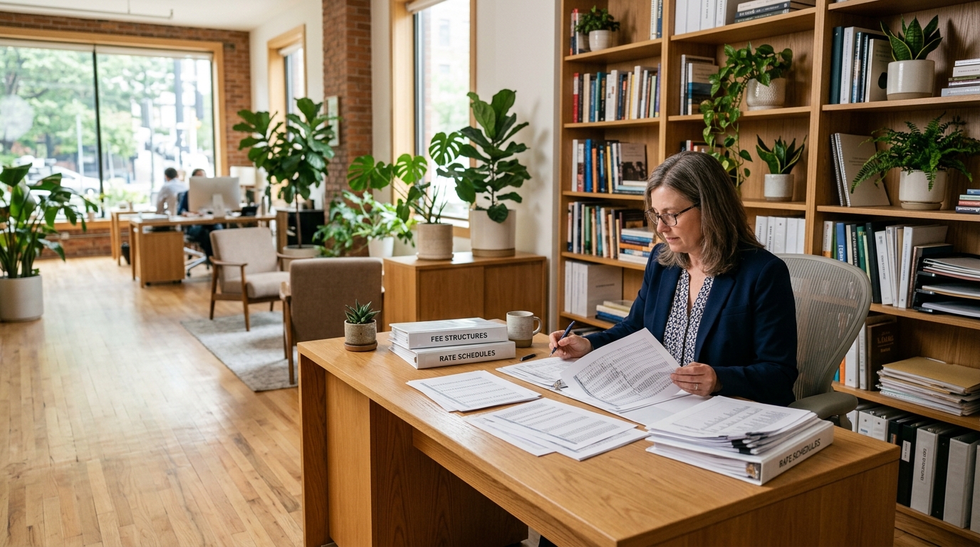 Bookkeeper going through a stack of billing paperwork at a desk beside a plant-filled shelf