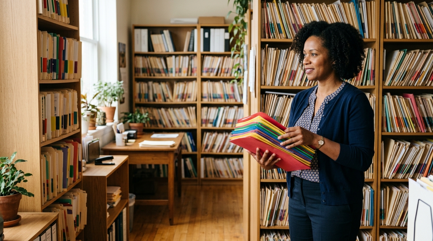 Archivist holding colour-coded folders in front of tall record shelves