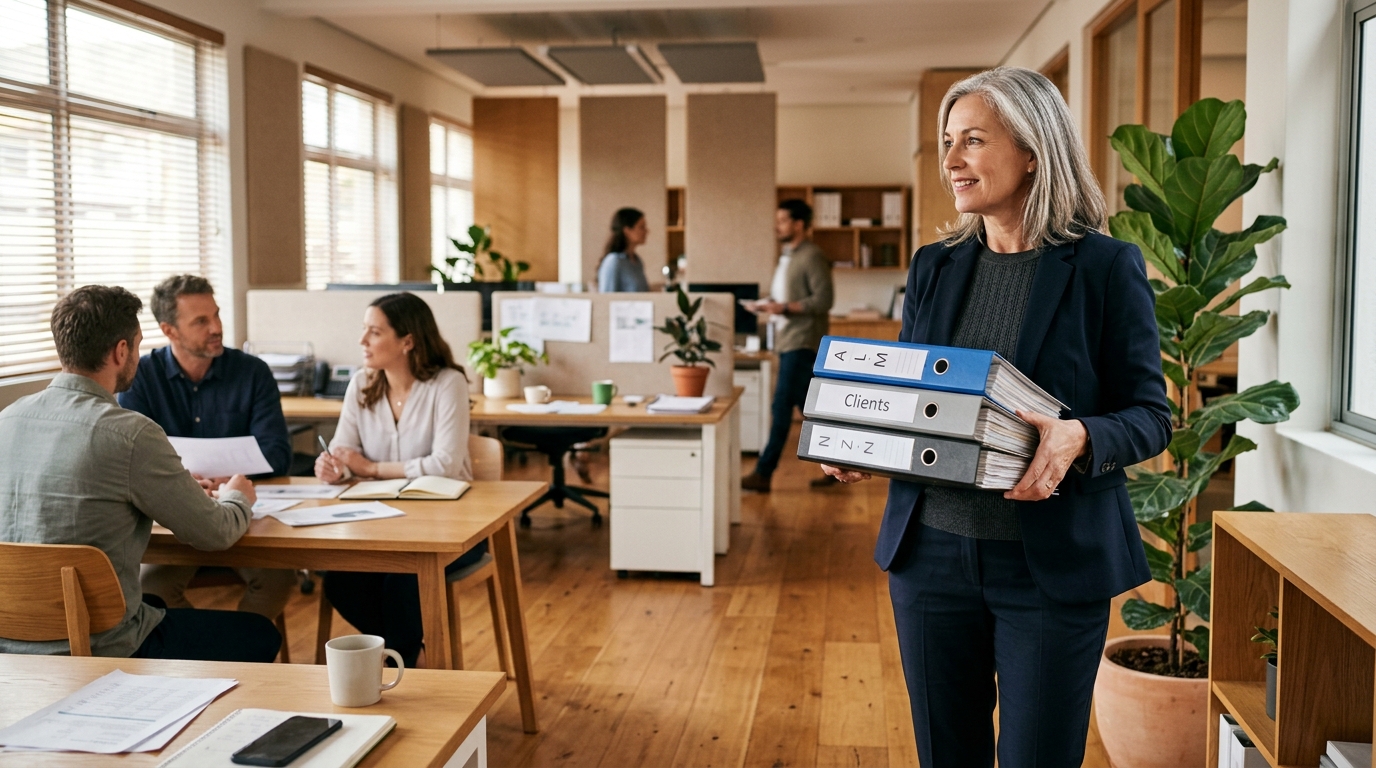 Account manager carrying a stack of client binders through a busy open-plan office
