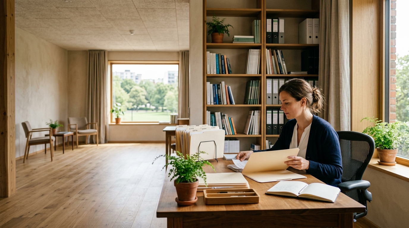Account manager writing client notes in an open notebook at a quiet desk