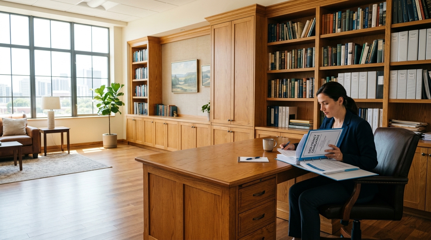 Records manager reviewing a file at a desk in a wood-panelled office lined with archive shelves
