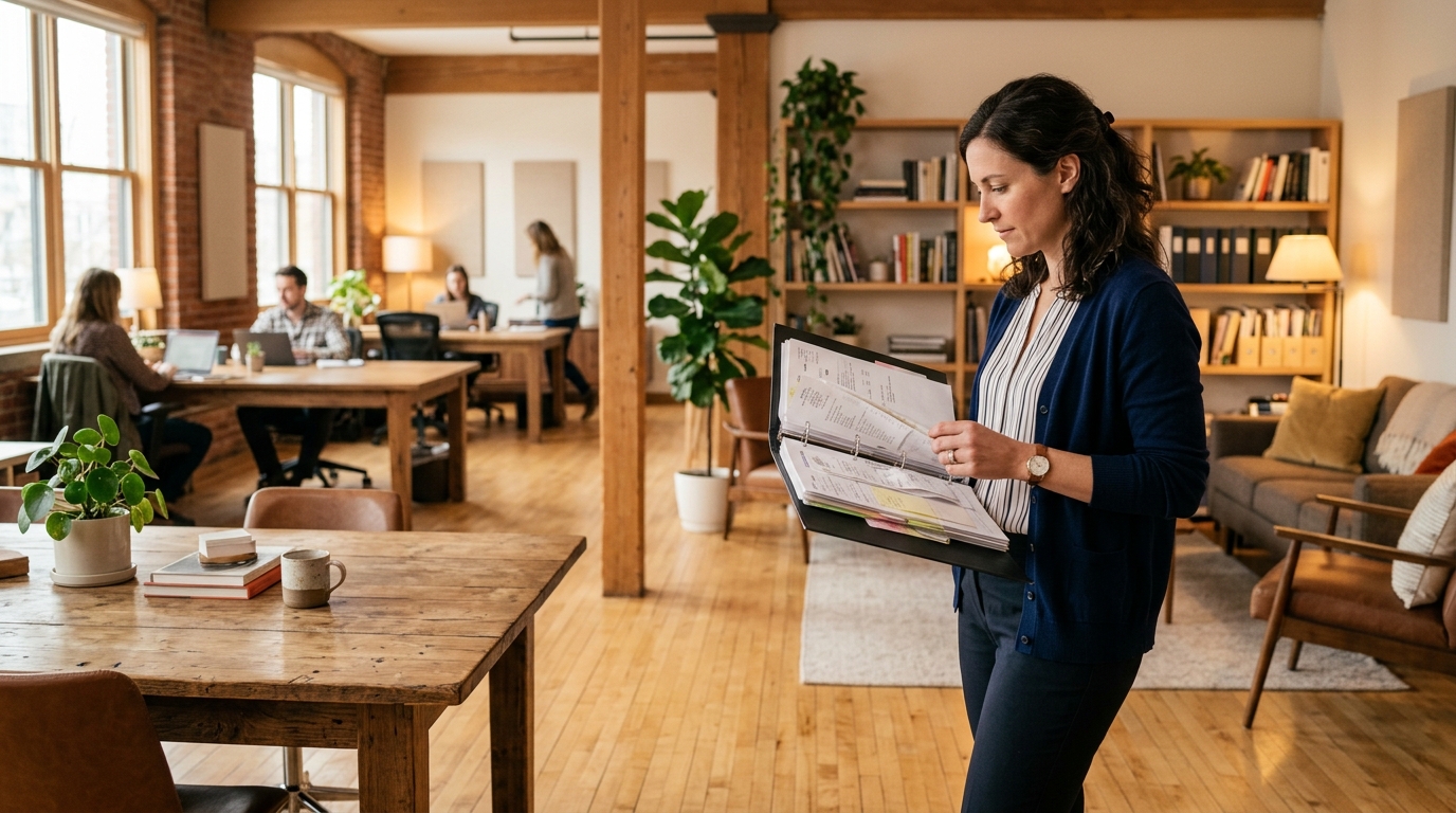 Finance assistant holding a printed expense sheet in a loft office with colleagues behind