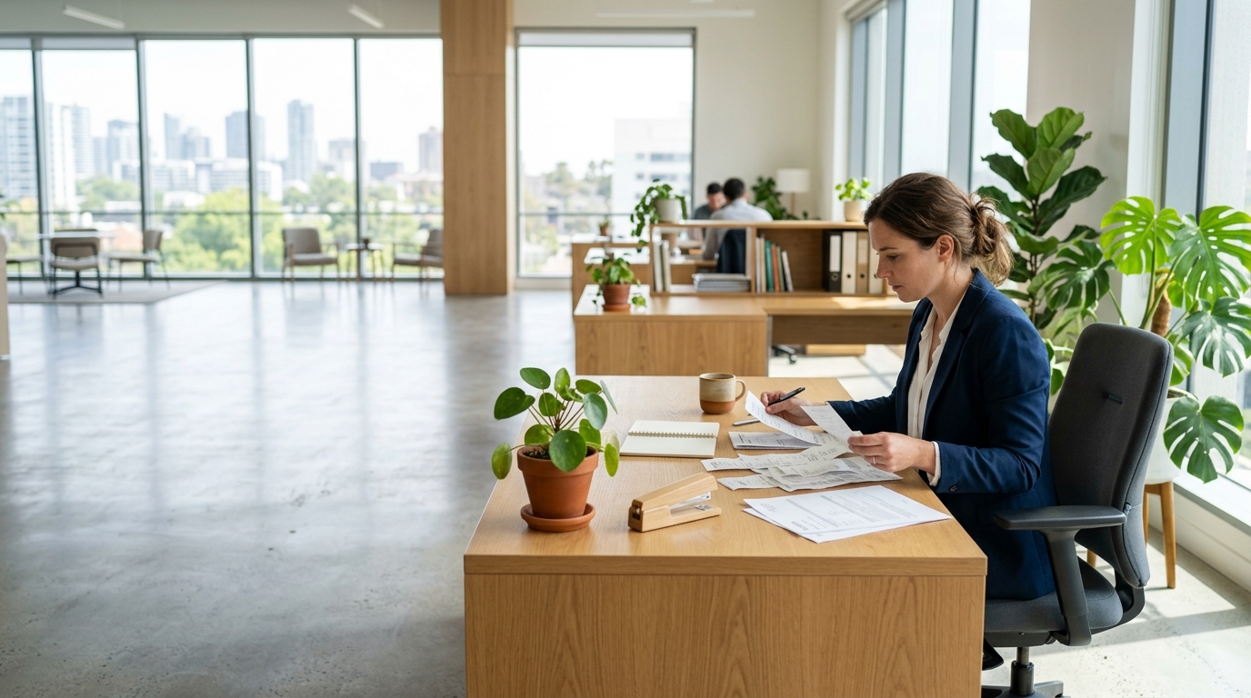 Finance assistant sorting receipts and expense paperwork at a desk in an open-plan office