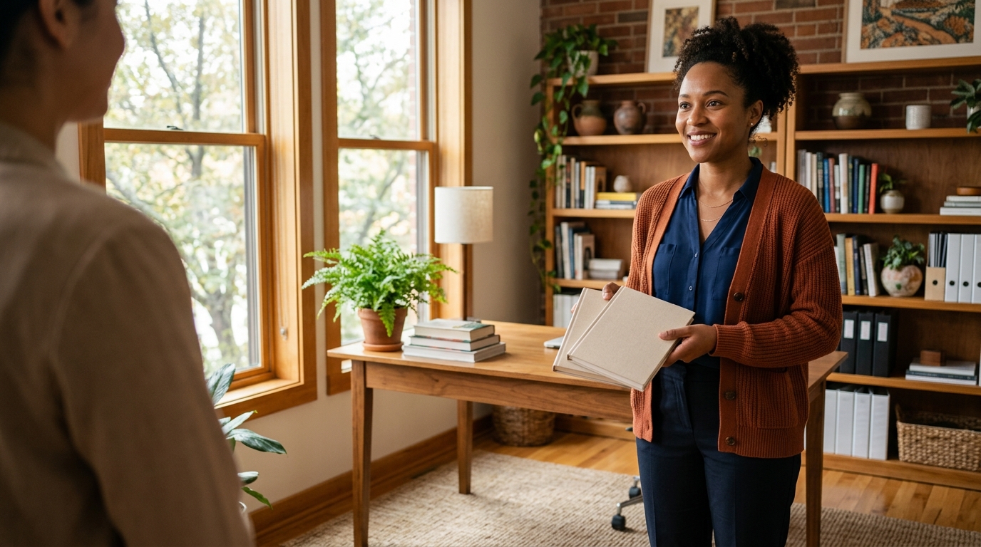 New team member holding an onboarding folder while talking with a colleague