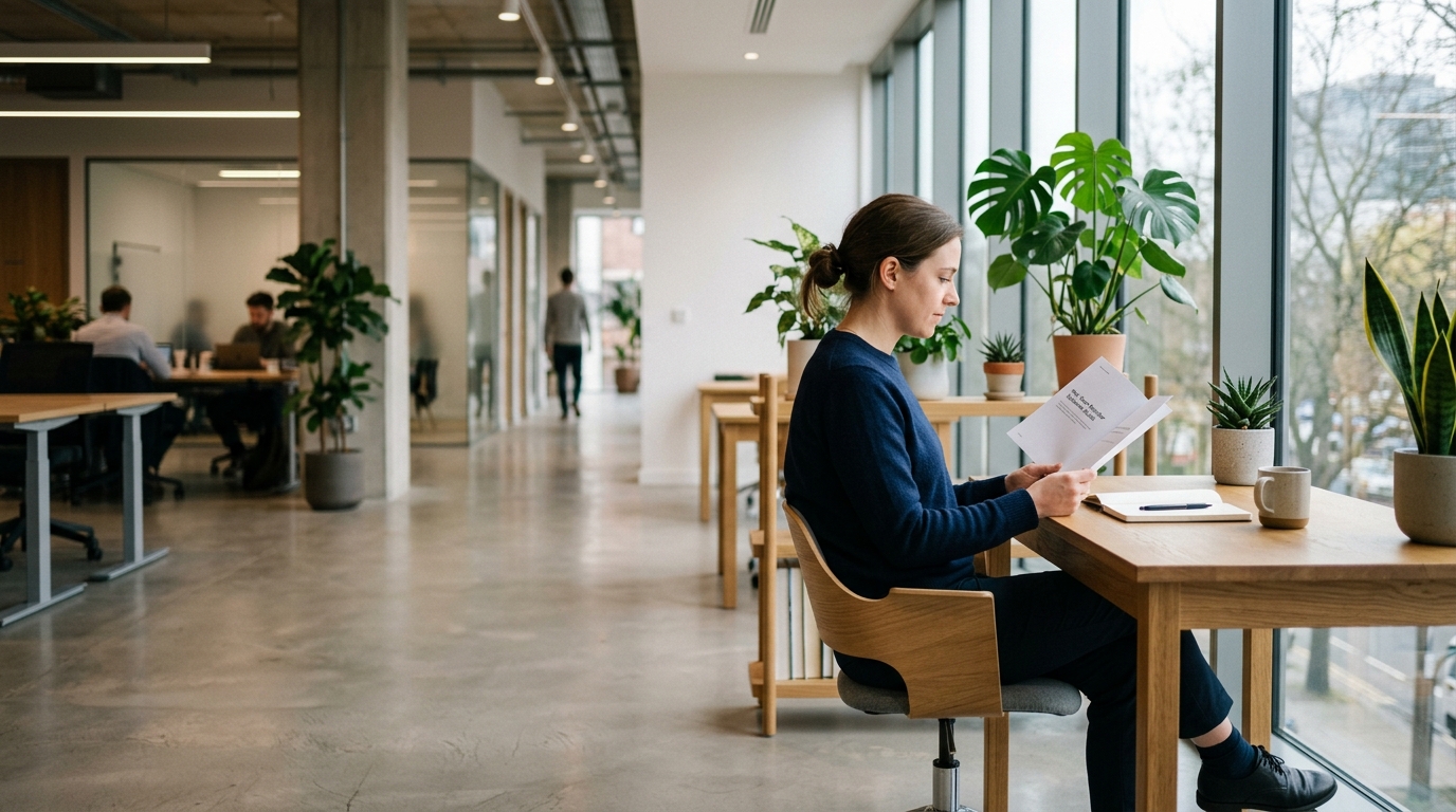 New starter reading a printed onboarding sheet at a desk in a bright office