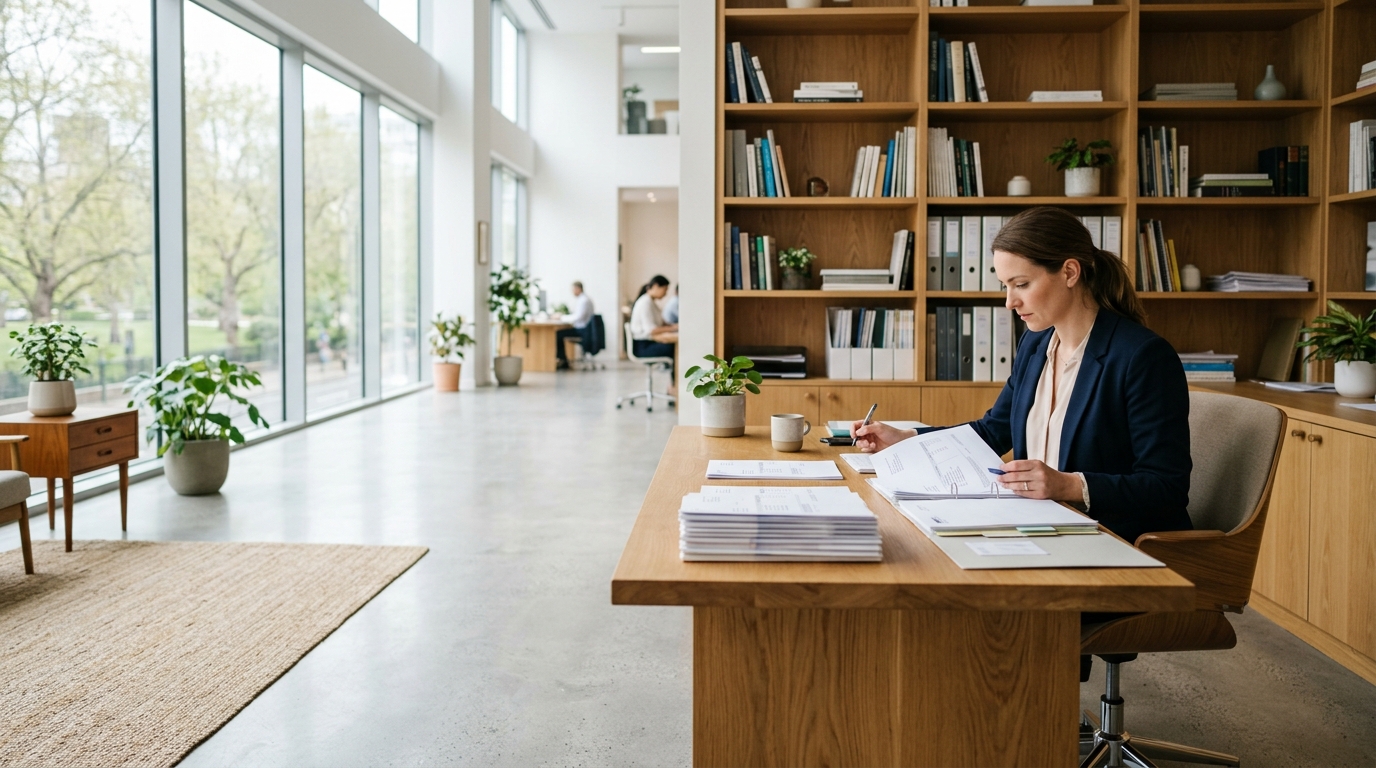 Freelancer preparing invoices from a stack of paperwork at a desk beside a tall bookcase