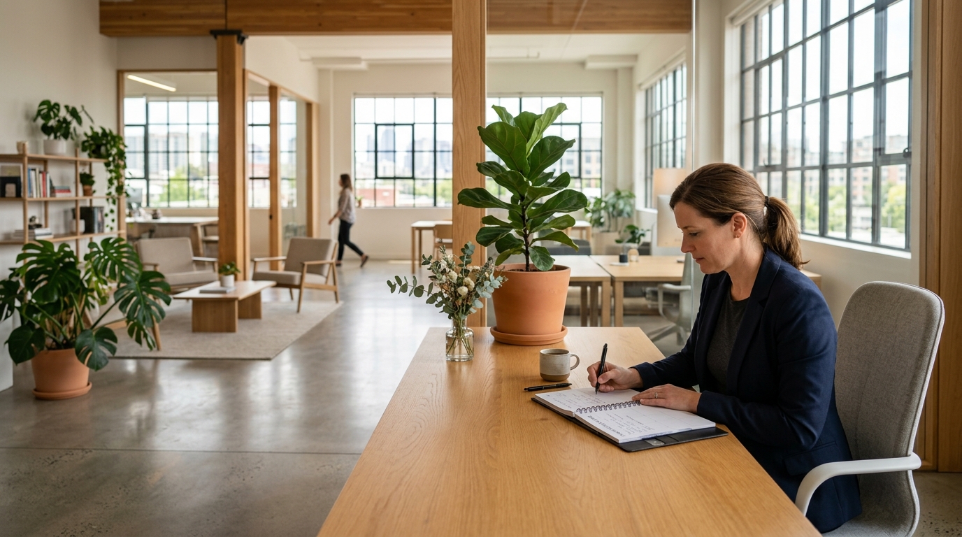 Team lead writing notes at a large wooden table in a sunlit studio office