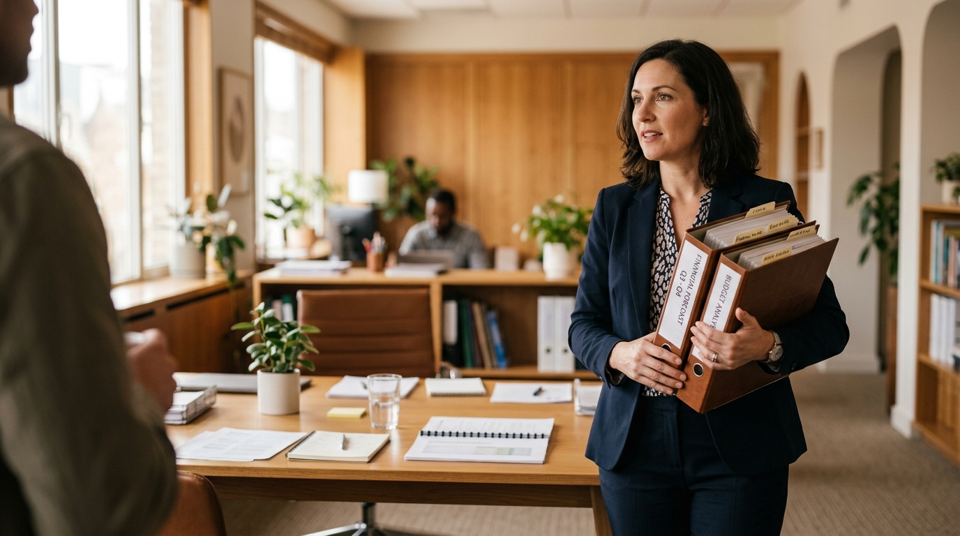 Project accountant carrying cost report binders through a meeting room