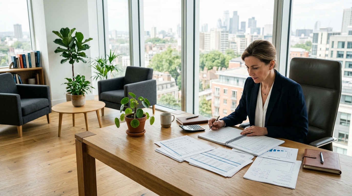 Project accountant reviewing cost reports and charts spread across a desk