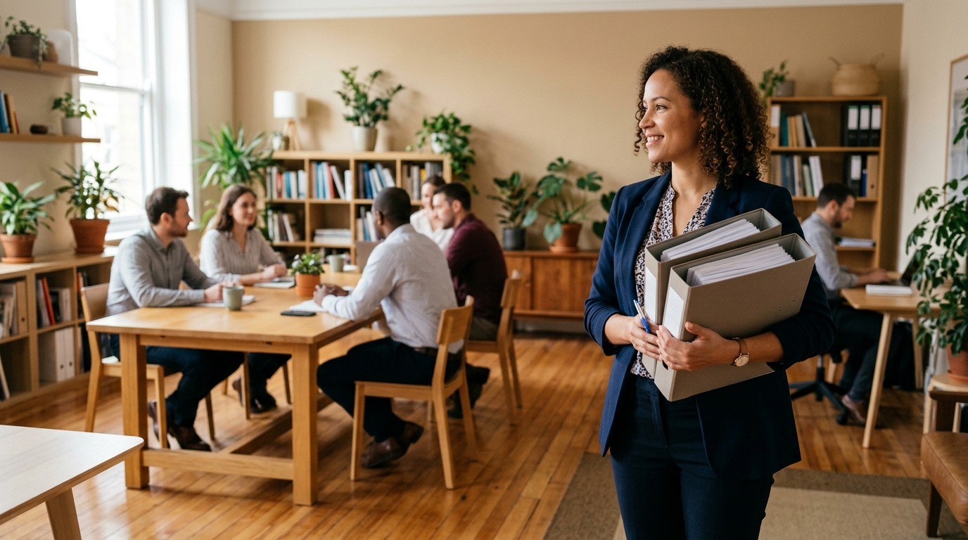 Manager carrying report binders past a table of colleagues in a library-style office