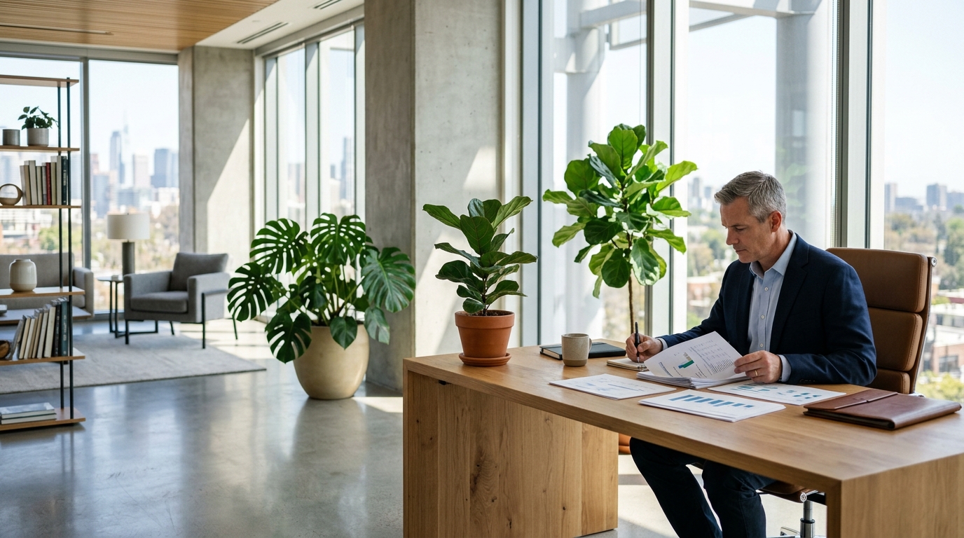 Director reading a printed report at a table in a plant-filled office