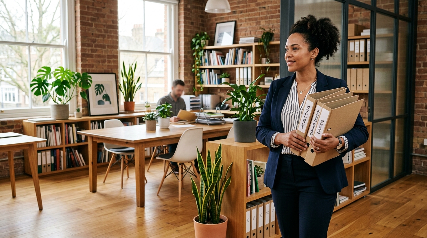 Analyst holding a stack of task records in a brick loft office