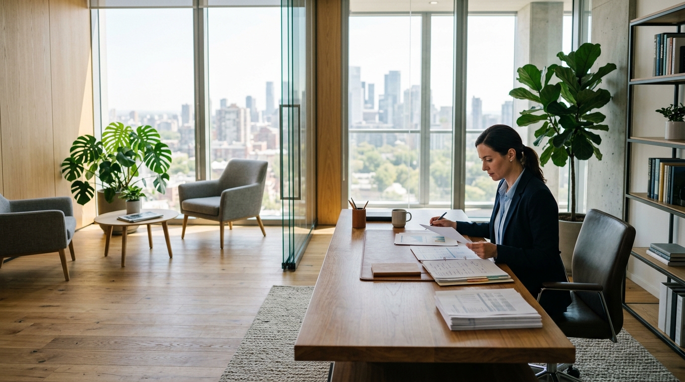 Analyst working through task costings at a long wooden table with a city view