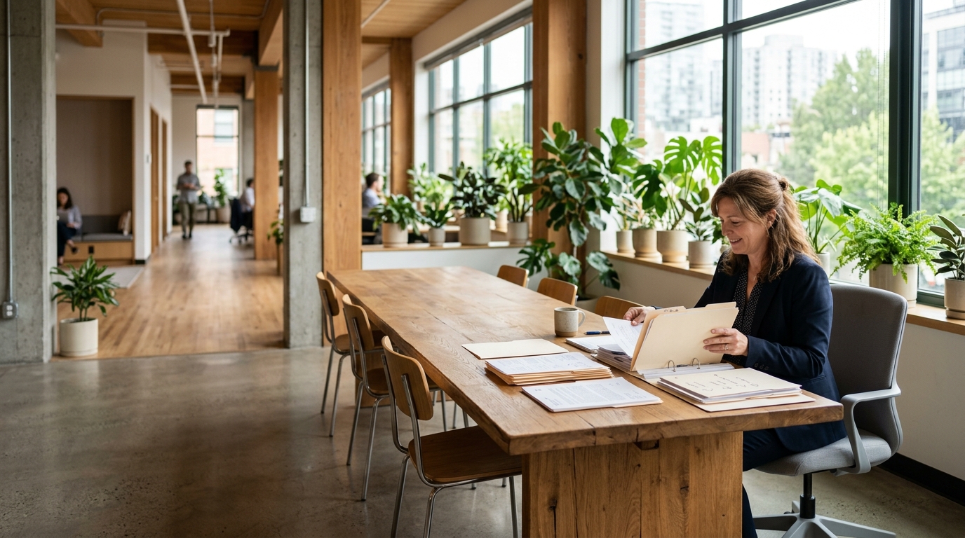 Team member working at a long shared desk in an open, plant-filled workspace