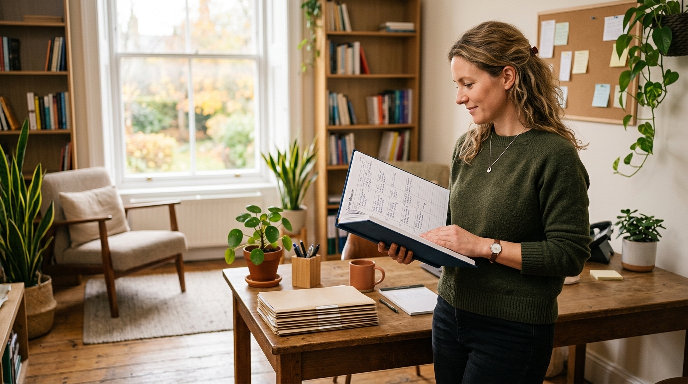 Manager holding a printed leave calendar beside a window in a quiet office