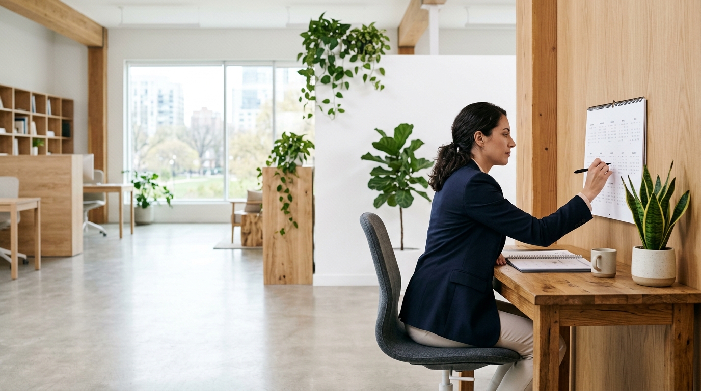 Manager marking dates on a wall planner beside a desk in a bright office