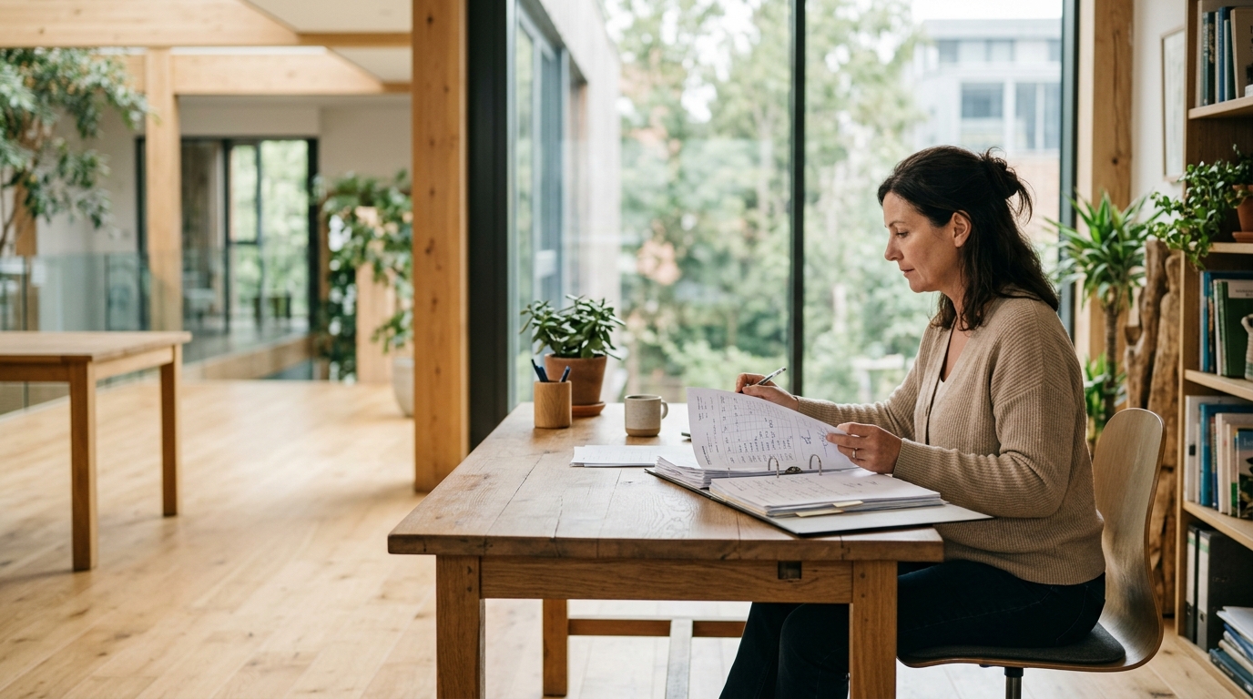 Payroll administrator sorting printed timesheets on a table by a window