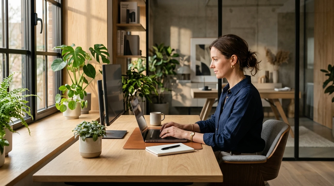A professional working on a laptop at a clean, modern desk in a warm workspace setting with soft natural light.