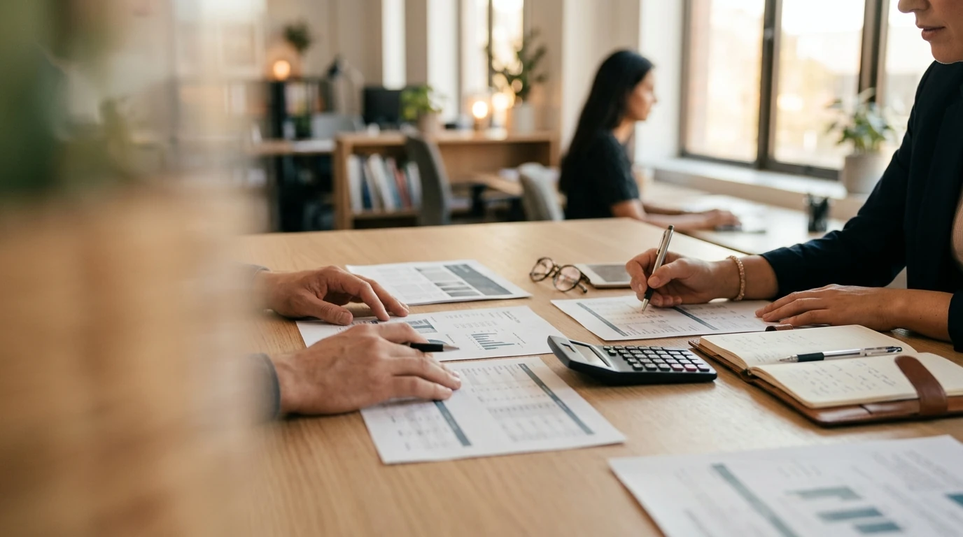 Three colleagues comparing printed cost sheets and a calculator across a meeting table